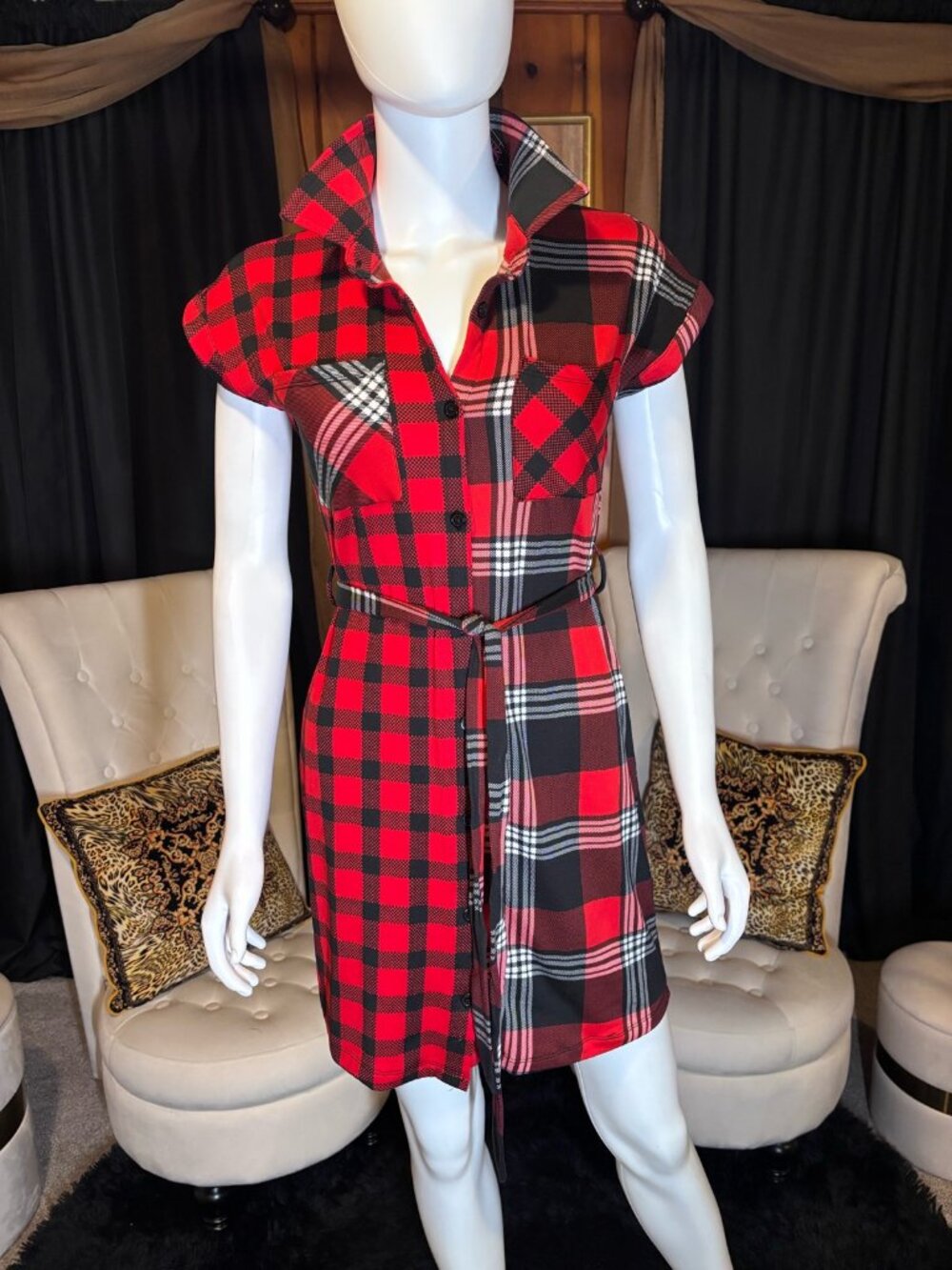 No Boundaries Juniors S 3-5 Red Black White Plaid Belted Shirt Dress NWT Fall